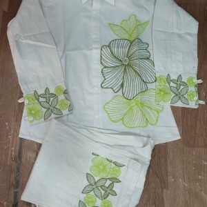 This is a very elegant and classy co-ord set It features an off-white shirt and pant set with fresh light green floral prints. The shirt has a large floral design on the front and matching prints on the sleeves, giving it a stylish and unique look. The collared neckline and front button detailing add a smart and modern touch. The pants are in the same off-white shade with matching floral prints at the bottom, perfectly coordinating the entire outfit. This outfit is perfect for casual outings, brunches, small get-togethers, or festive daytime events. Paired with simple heels, it gives a graceful and sophisticated look. Fabric - Cotton flex kurti cotton flex pant. It is a two-piece ensemble is a White Floral Embroidered Shirt and Pants Co-ord Set. The outfit features an ivory or white base color, often crafted from breathable materials like cotton or chanderi silk.   Product Details  Top: A collared shirt with a front button closure, featuring prominent floral embroidery (typically in shades of green or yellow) on one side and the cuffs. Bottom: Matching straight-cut pants or trousers, often adorned with similar floral embroidery at the hem to complete the coordinated look. The  Pattern Solid, Fabric Cotton, Occasion Party Wear, Number of Pieces 2-Piece Set, Bottom Type Pant, Sleeve Length 3/4 Sleeves, Neck Type Shirt Collar, Size XL, 3XL, XXL, L, M, Workmanship Embroidery, Color  white