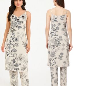 This is an Summer ware  stylish two-piece set features a strappy, straight-cut kurta paired with matching floral-printed pants. The design showcases a sophisticated monochrome or tonal floral pattern, perfect for a modern ethnic look. While the exact piece from the image isn't directly available, you can find very similar floral-printed strappy kurta sets from popular sets often feature breathable 100% best cotton or viscose fabrics, making them ideal for summer or casual outings.