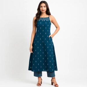 Product Details Style: Sleeveless, strappy A-line kurta with a square neckline. Design: Features white ethnic motifs and intricate embroidery on the yoke. Bottoms: Paired with matching striped, straight-fit trousers. Material: Commonly crafted from cotton or viscose rayon for a comfortable, casual fit.