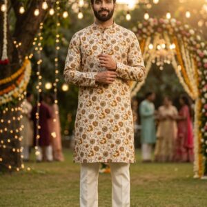 The person in the image is wearing a printed cotton kurta featuring an intricate geometric motif, which is a staple of contemporary Indian festive wear. This specific style, often characterized by its mandarin collar and knee-length straight-cut silhouette, is designed for both comfort and a refined traditional appearance. Wholetex Wholetex +2 Kurta Details & Availability Similar printed kurtas are available from several retailers, typically sold as a set with white trousers (pajamas). Shopsy Shopsy +1 Ethnicity Soft Cotton Kurta Pajama: A close match in style and material, often featuring traditional prints on soft cotton. Sojanya Printed Kurta Sets: Known for offering premium cotton and linen blends with diverse ethnic motifs. Mirraw Geometric Printed Kurta: Offers similar multicolor geometric patterns specifically designed for traditional festive occasions. Other Options: Brands like Janoi and Anouk also provide printed straight kurtas in various colors and patterns. Wholetex Wholetex +4 Styling Tips Bottoms: This kurta is traditionally paired with white churidar or straight-cut pajamas to keep the focus on the detailed print. Footwear: Completing the look with dark leather mojaris or loafers, as seen in the image, adds a touch of formal elegance